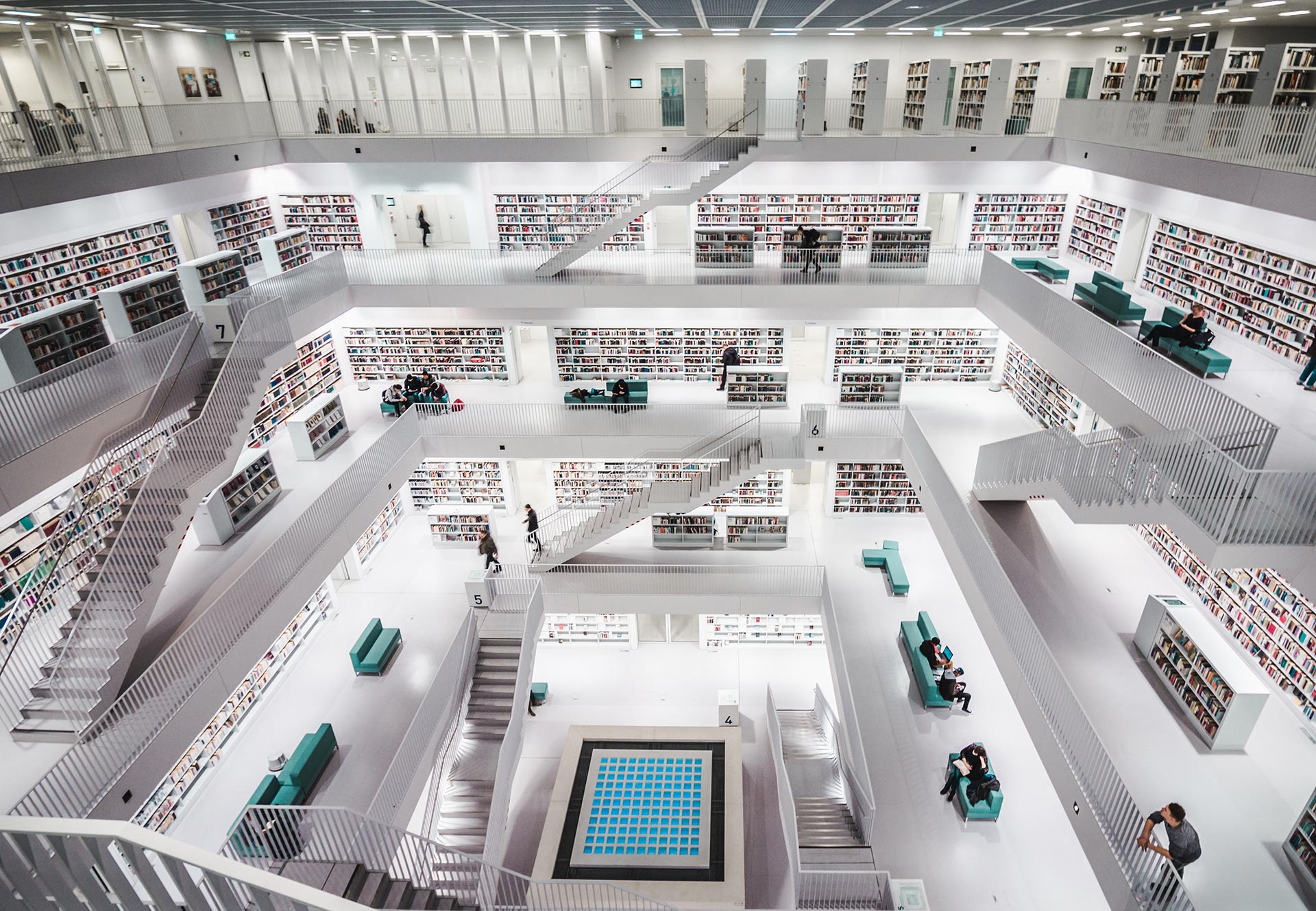 A view from top to bottom through the floors of Stuttgart Stadtbibliothek.