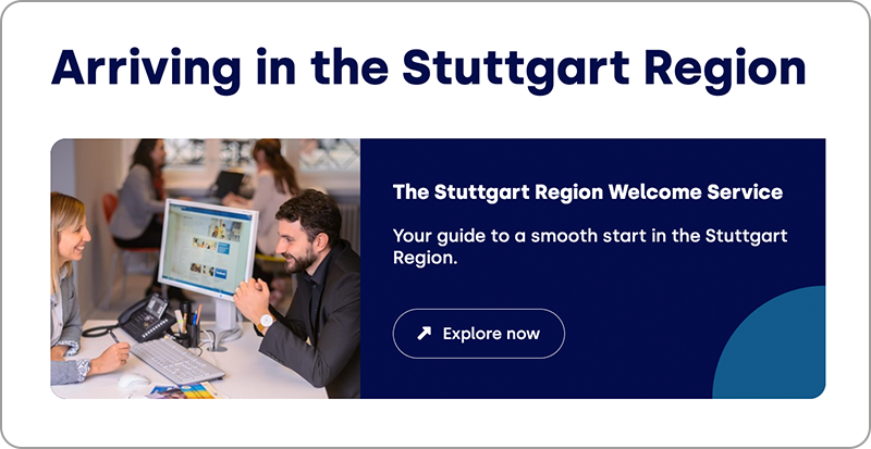 Screenshot of a box with the headline “Arriving in the Stuttgart Region” with a blue “Explore-now”-Button