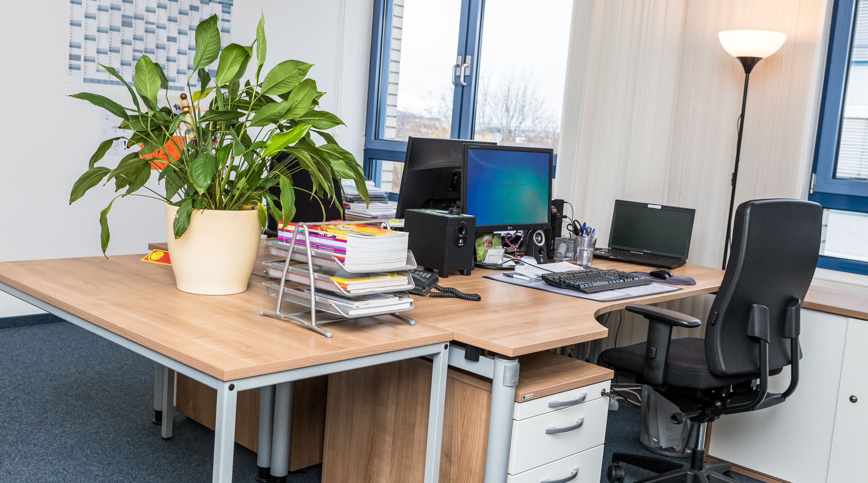 A desk with computer, chair and plant