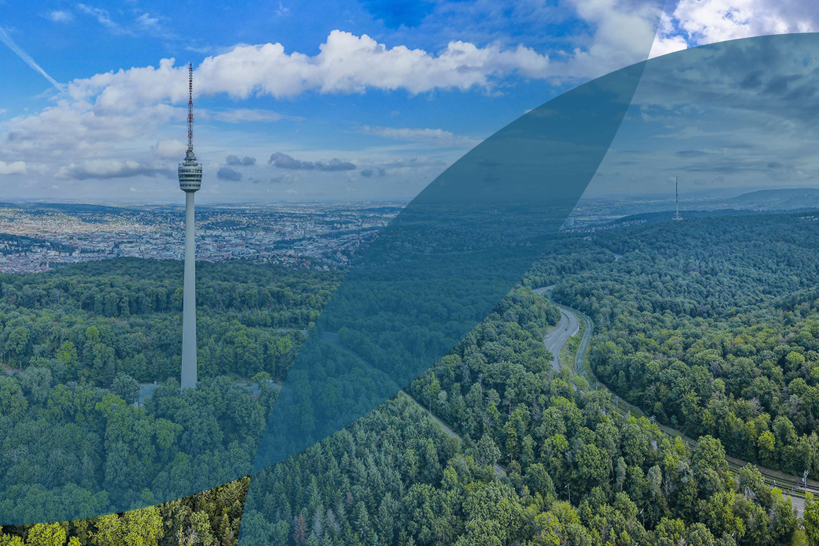 View of the Stuttgart Fernsehturm, which is surrounded by forest and nature.