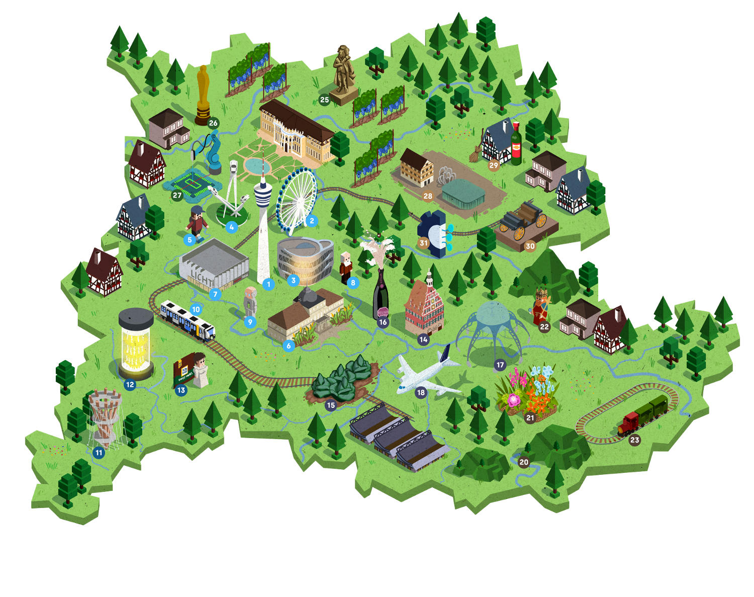  Illustrated map of the Stuttgart Region showing forests, towns, and landmarks. Thirty-one numbered icons (1–31) highlight regional sights such as the TV tower, castles, factories, and cultural attractions.